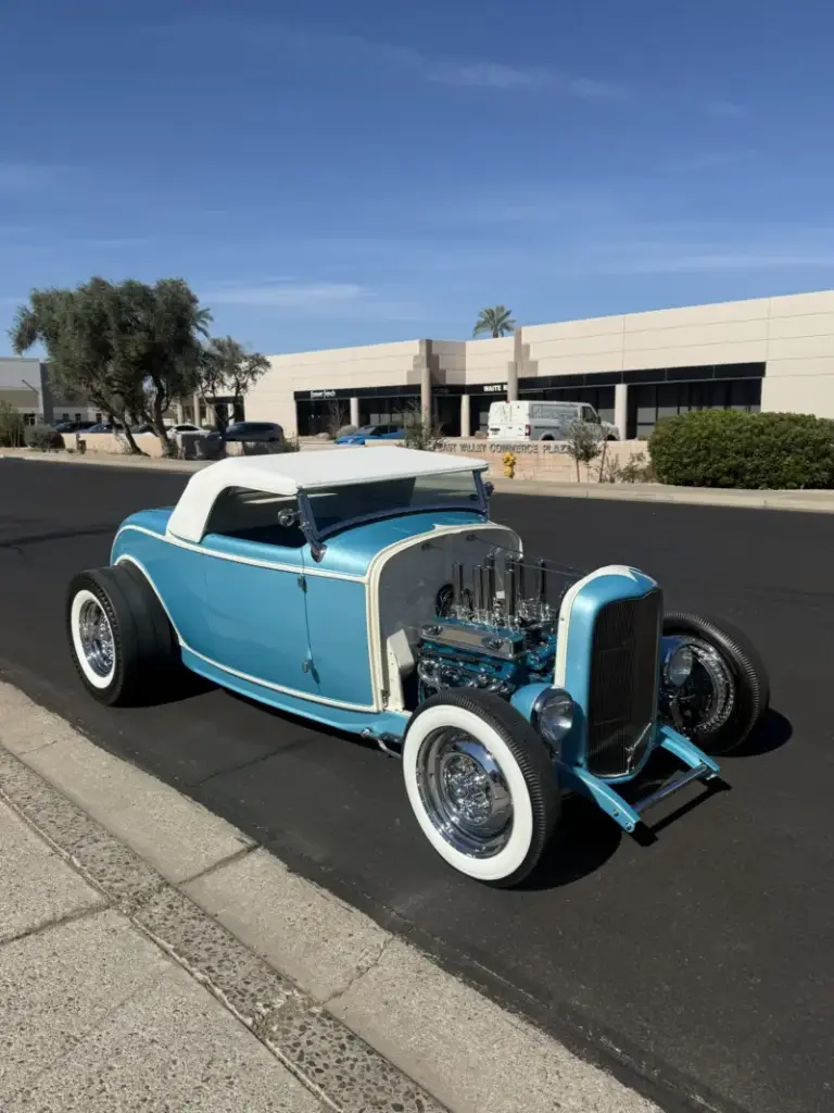 Blue Ribbon, Nicole Baird's baby-blue 1932 Ford highboy roadster, outside the Squeeg's shop in Chandler