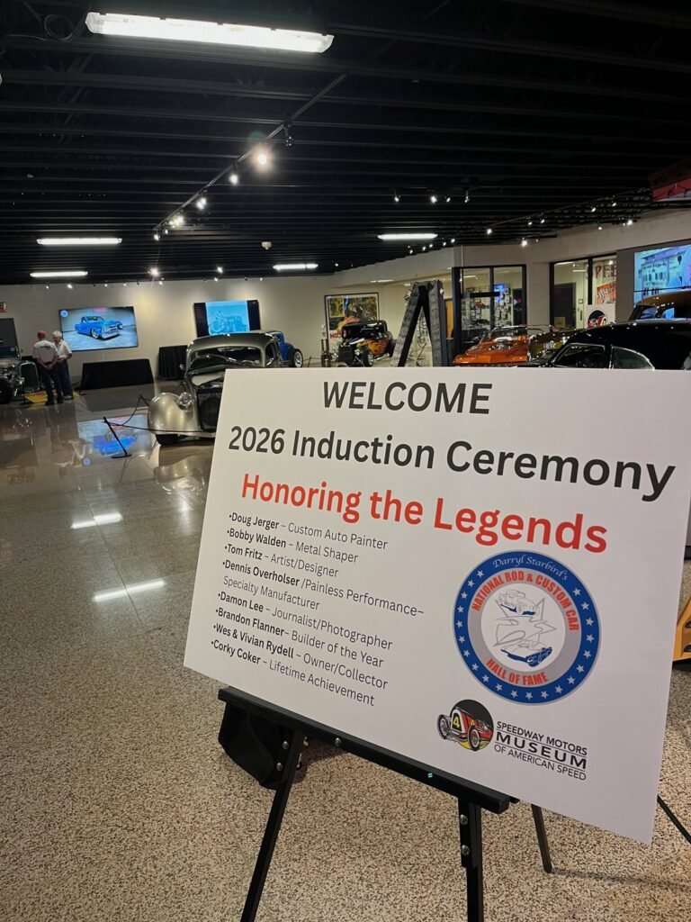 The welcome sign for the 2026 induction ceremony, listing Doug Jerger, Custom Auto Painter, first among the inductees