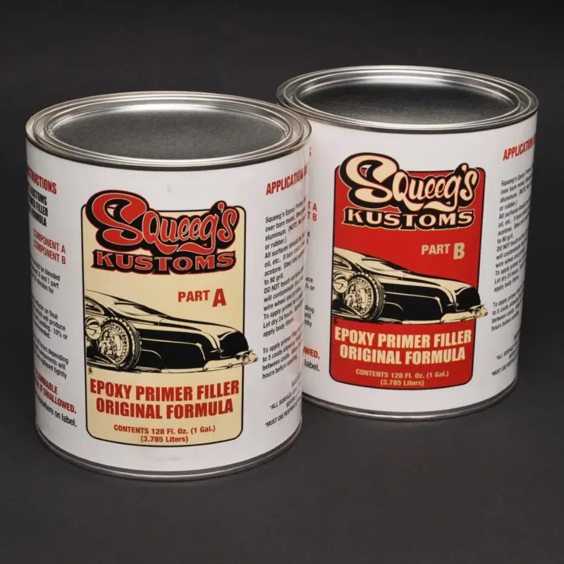 Squeeg’s Kustoms Epoxy Primer Filler, Part A and Part B cans