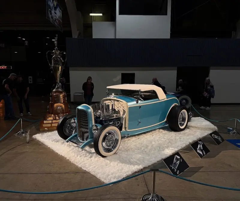 Blue Ribbon, the 2026 America’s Most Beautiful Roadster, on the show floor at Pomona